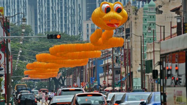 位于新加坡的街道上方蛇形的灯笼挂饰。