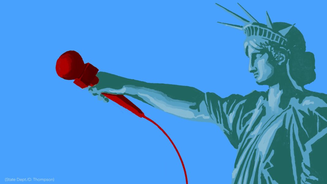 Illustration of Lady Liberty pointing a microphone. (State Dept./D. Thompson)