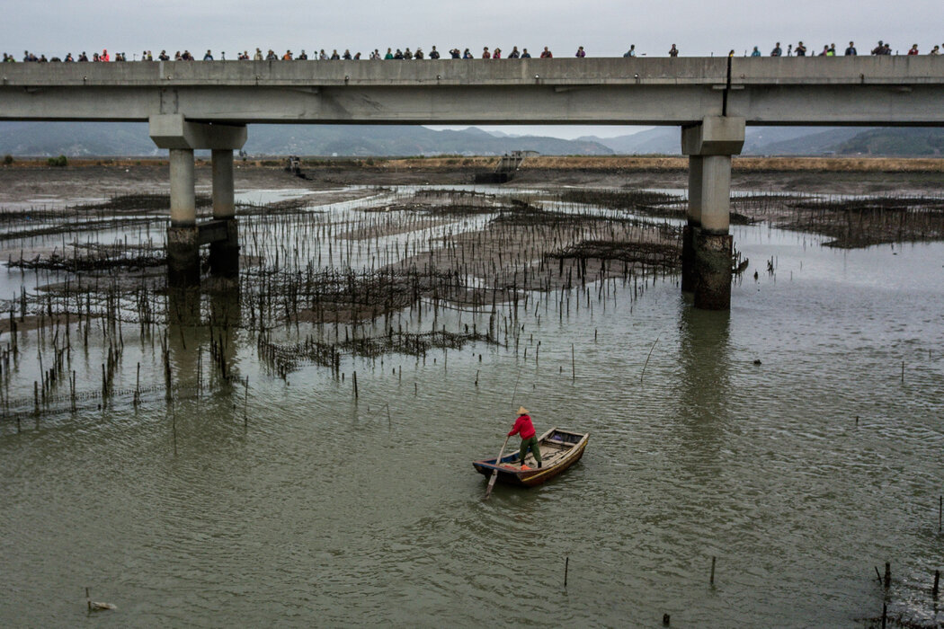 为霞浦县一座桥上站满的业余摄影师们划船的当地模特可得到200元的报酬。